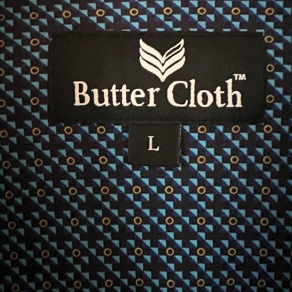 Butter Cloth Size L Blue Geometric Flip Cuff Preppy Office Button Dress Shirt - Picture 3 of 10